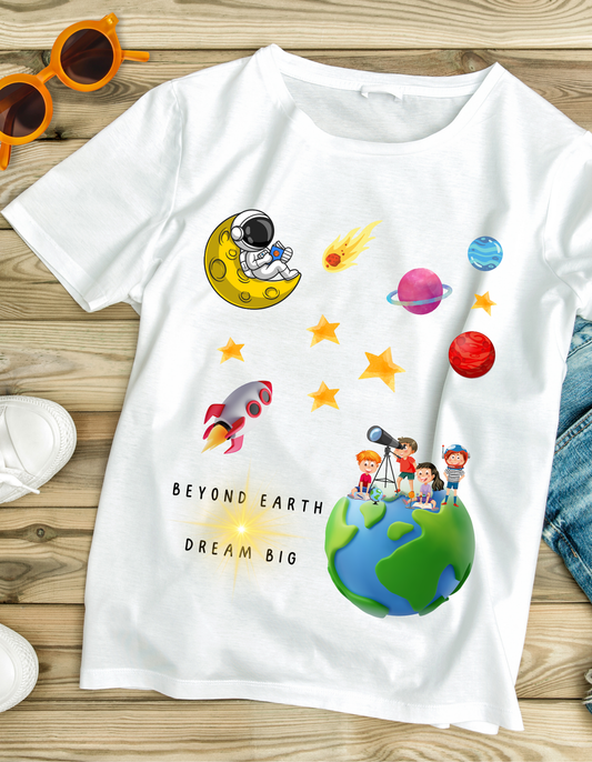 White organic cotton kids T-shirt from Space by DoodleChic with colorful space-themed print and 'Beyond Earth Dream Big' slogan.