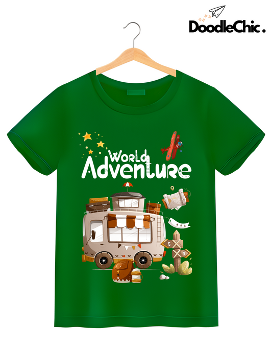 DoodleChic World Adventure green kids T-shirt made from 100% organic cotton, featuring a playful caravan and travel icons for sustainable fashion.