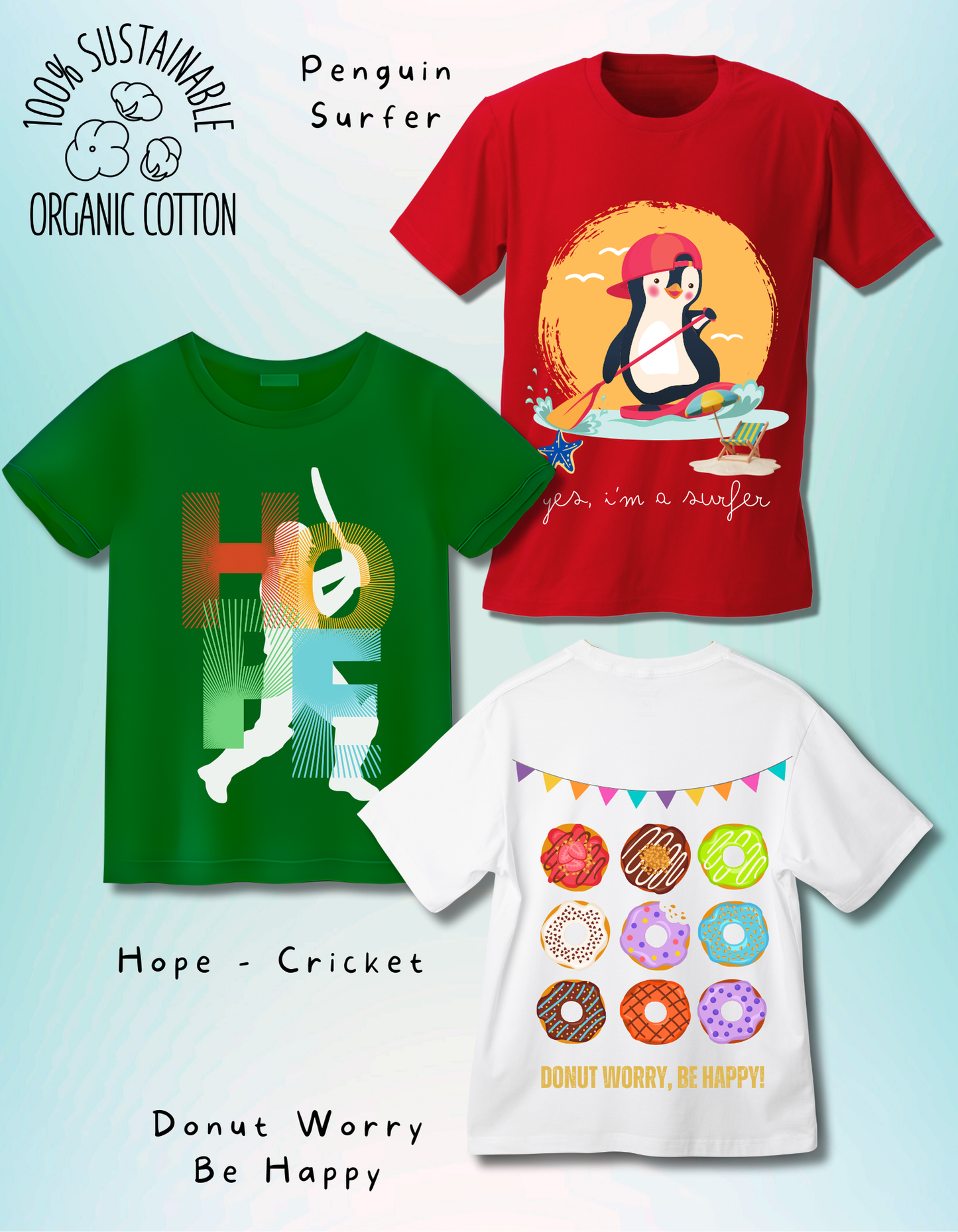 Pack of 3 Cricket, Penguin, Donuts Tshirts