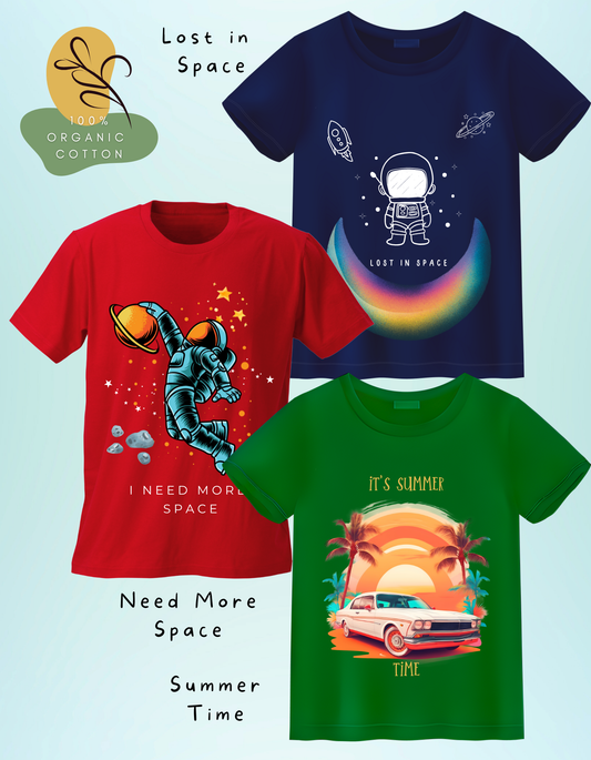 Colorful kids' t-shirt set of 3 with space and summer themes – Lost in Space, Summer Time, and I Need More Space. Crafted from soft organic cotton.