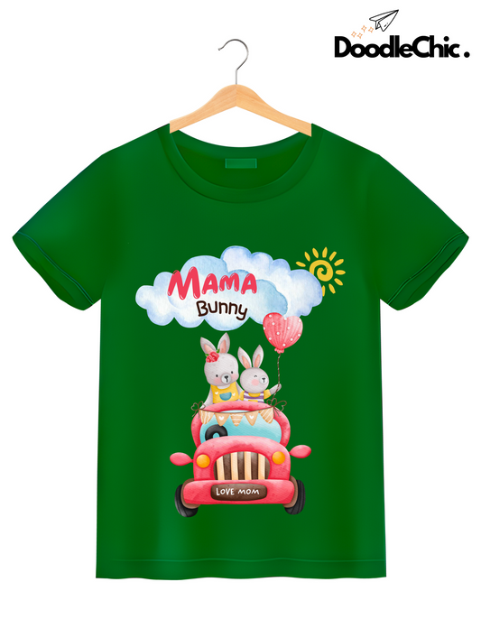 Mama Bunny Love by DoodleChic - 100% Organic Cotton Green Kids T-shirt with playful bunny illustration in a red car under a sunny sky. Soft and sustainable kidswear.