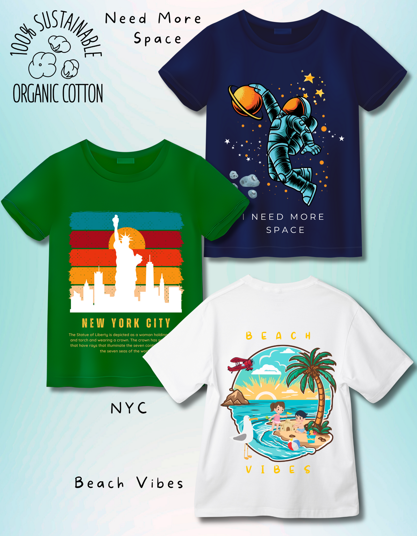 Pack of 3 Space, Beach and New York Tshirts