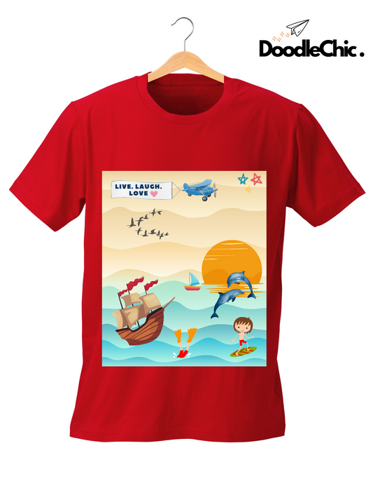 DoodleChic red kids t-shirt made from 100% organic cotton, showcasing a playful ocean scene with 'Live Laugh Love' banner and vibrant graphics.