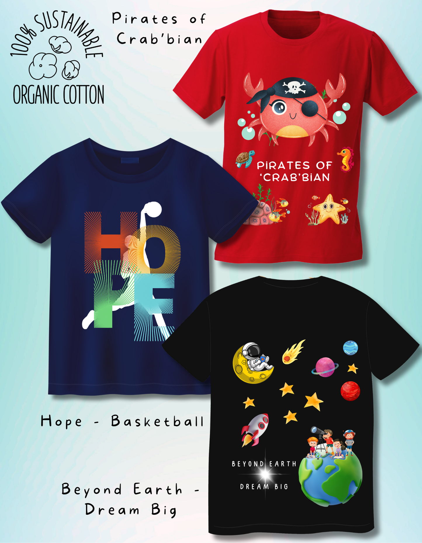 Pack of 3 Space, Basketball and Beach T-shirts