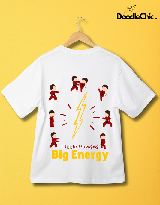Back view of Little Humans by DoodleChic - 100% Organic Cotton White Kids T-shirt with bold 'Big Energy' print and playful karate illustrations.