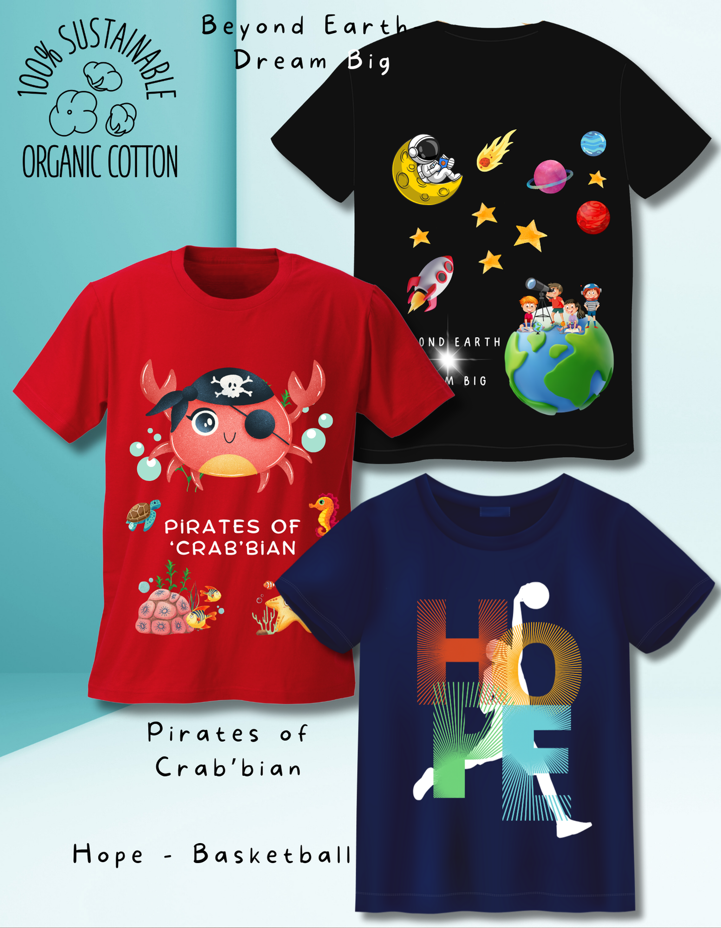 Pack of 3 Space, Basketball and Beach T-shirts