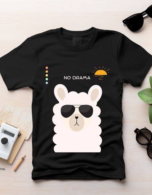 No Drama by DoodleChic- 100% Organic Cotton Black Printed Kids T-shirt laid flat on a desk, showcasing a stylish llama print and eco-friendly fabric.