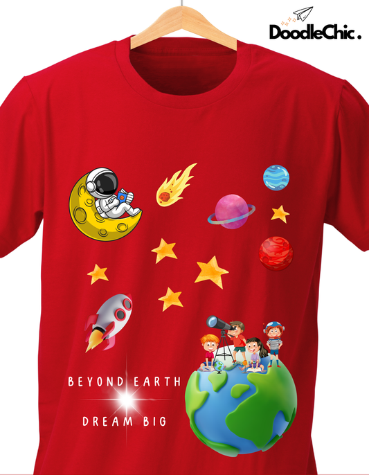 Close-up of Space by DoodleChic - 100% Organic Cotton Red Printed T-shirt for Kids showing colorful space-themed illustrations and 'Dream Big' slogan.