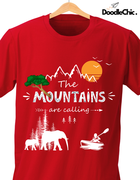 Close-up of Mountains by DoodleChic - 100% Organic Cotton Red T-shirt for Kids showing detailed mountain and wildlife print, perfect for nature lovers.