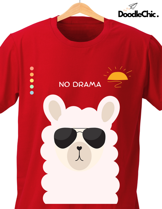 Close-up of No Drama by DoodleChic red kids t-shirt with a printed llama in sunglasses and colorful dots, made from 100% organic cotton.