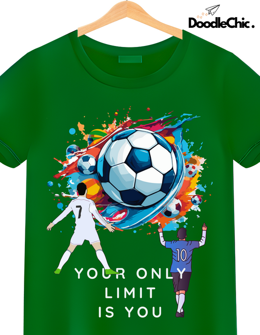 Close-up of Soccer by DoodleChic - 100% Organic Cotton Green Printed Kids T-shirt with bold 'Your Only Limit is You' slogan and colorful football art.