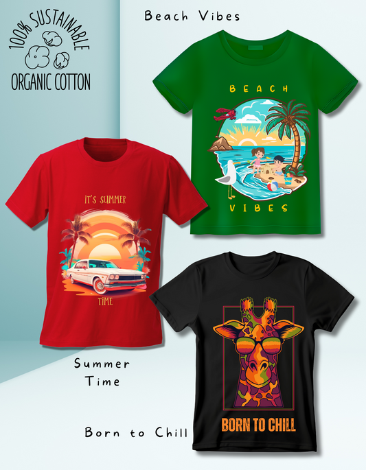 Set of 3 boys t-shirts made from 100% organic cotton with colorful prints: 'Beach Vibes', 'Summer Time', and 'Born to Chill'.