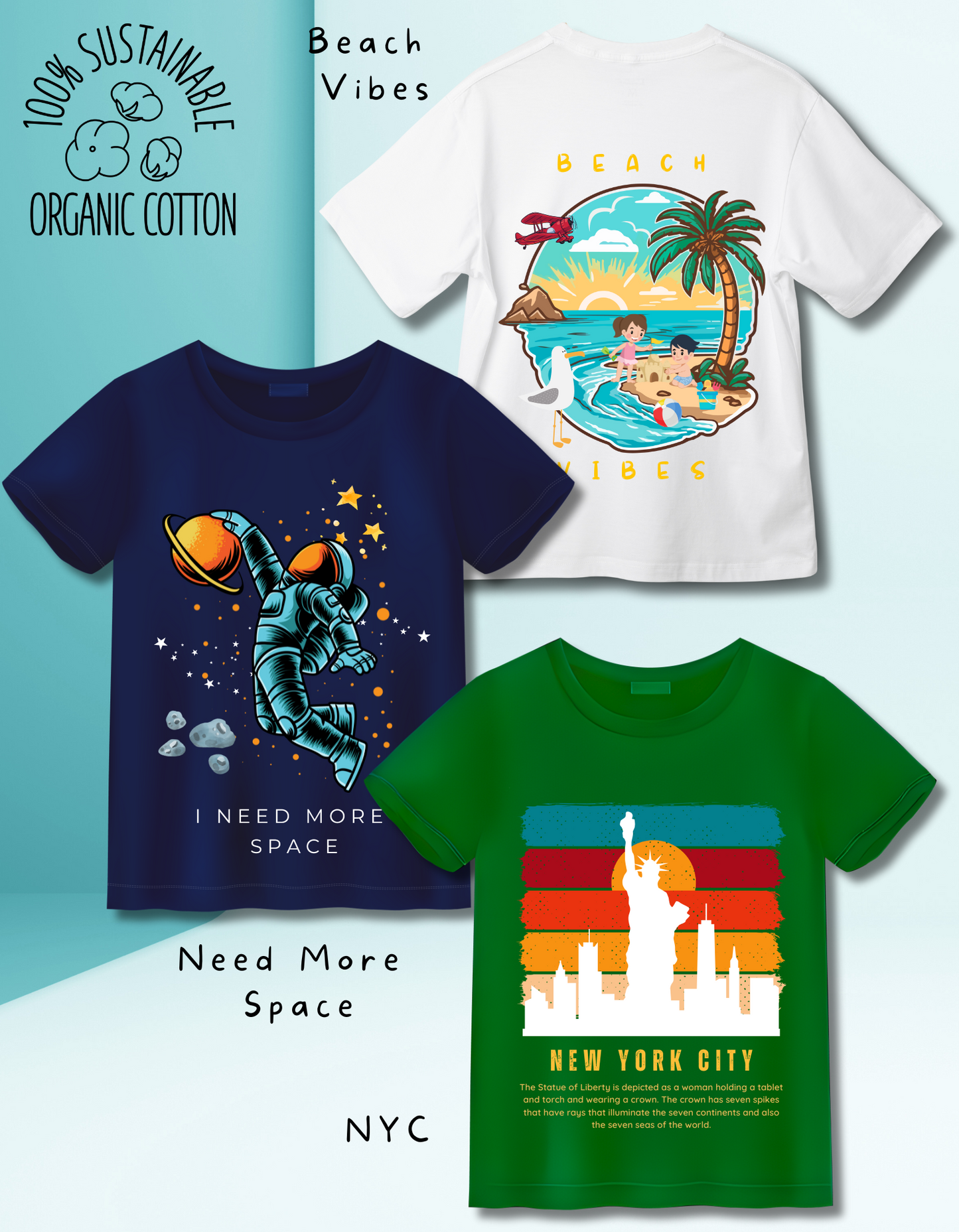 Pack of 3 Space, Beach and New York Tshirts