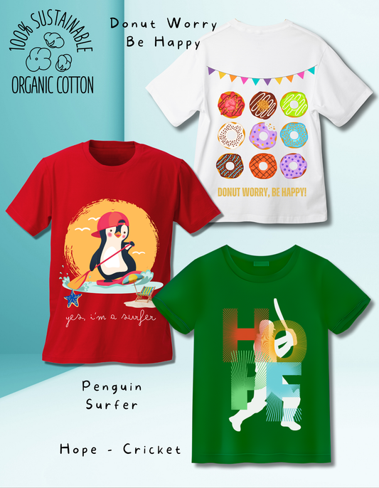 Set of 3 boys t-shirts in organic cotton with Penguin Surfer, Donut Worry, and Cricket Hope themes. Soft, breathable, and sustainable kidswear.