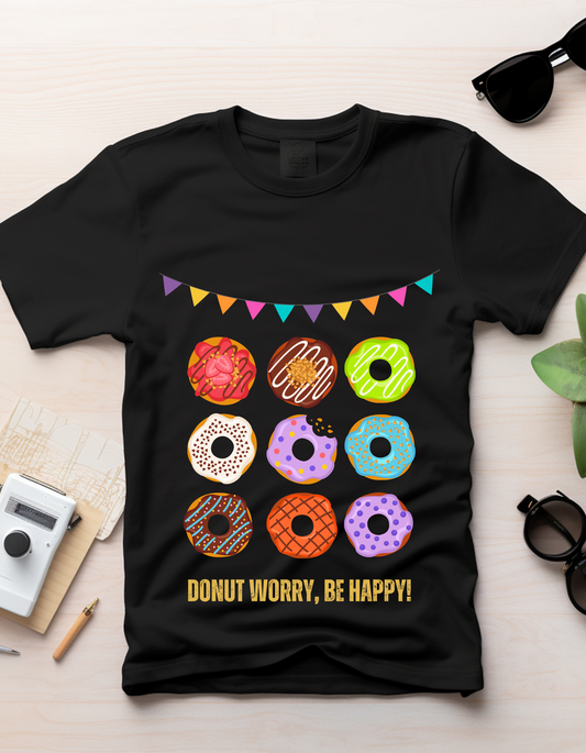 Donut Worry Be Happy-DoodleChic 100% Organic Cotton Black kids T-shirt laid flat on desk with accessories, showcasing vibrant donut design.