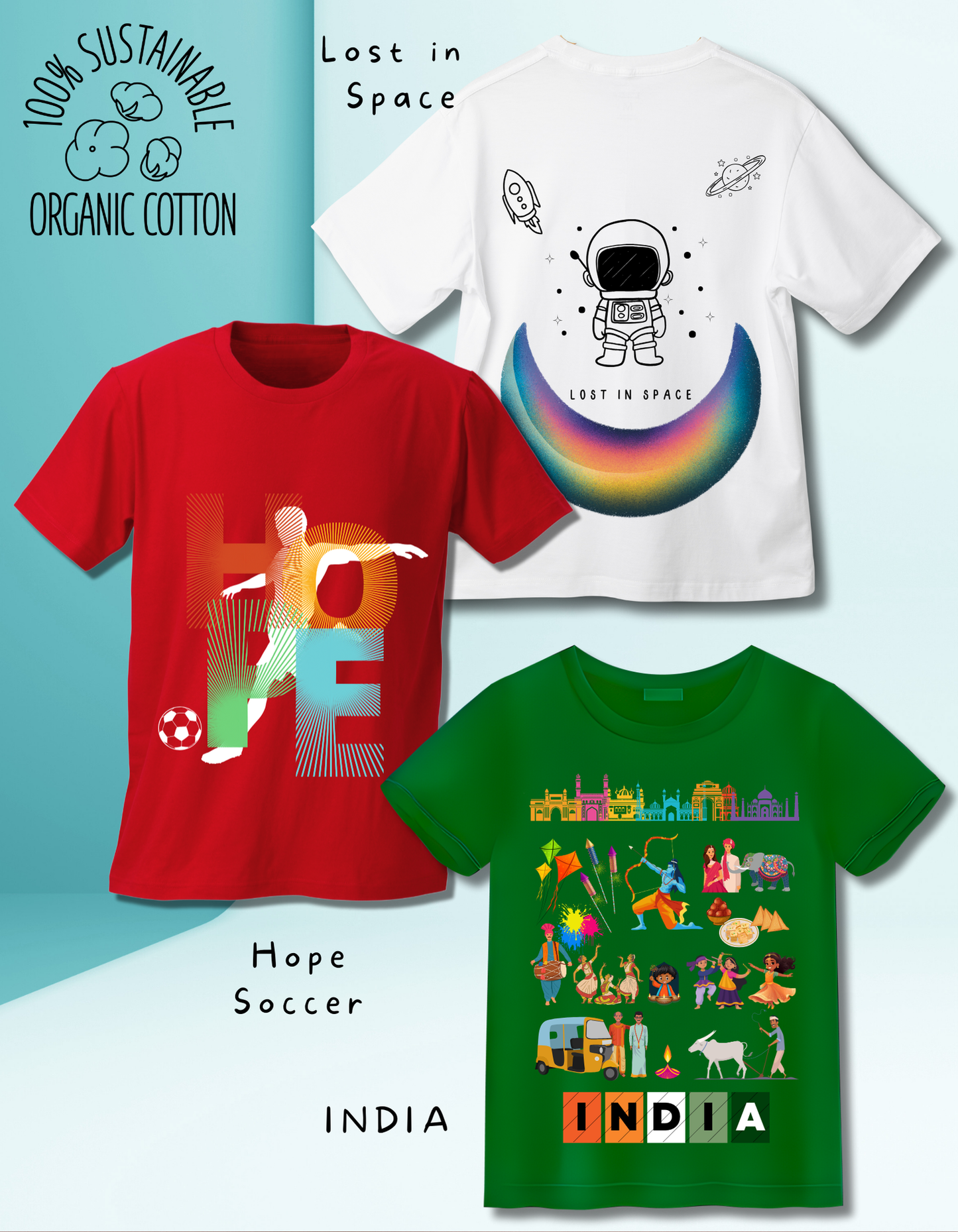 Pack of 3 Sports, India and Space T-shirts