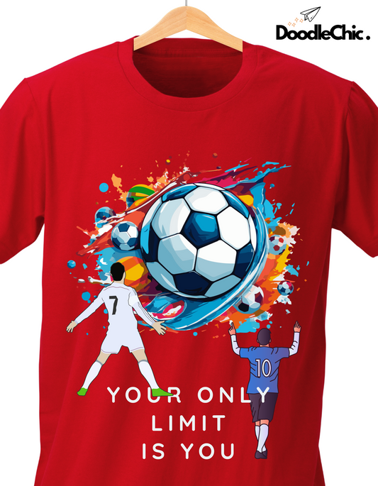Close-up of Soccer by DoodleChic red kids T-shirt with vibrant soccer ball and player print, made from 100% organic cotton.