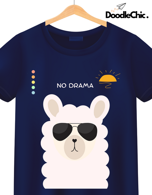 Close-up of No Drama-Doodlechic 100% Organic Cotton Navy Blue Kids T-shirt with llama print and colorful design accents.