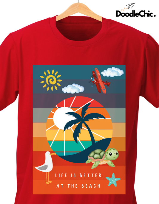 Close-up of Beach by DoodleChic - 100% Organic Cotton Red Printed T-shirt for Kids with colorful beach-themed illustration and text.