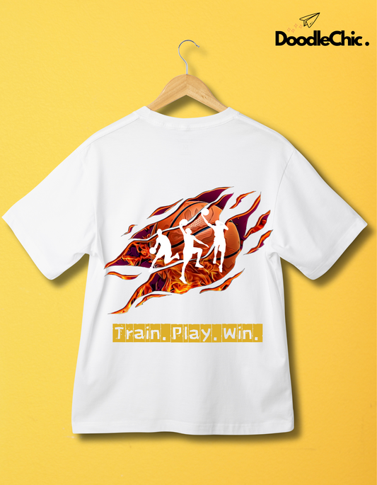 Back view of Train Play Win - DoodleChic Organic Cotton Kids' White T-shirt with bold flame design and sports silhouettes for active kids.