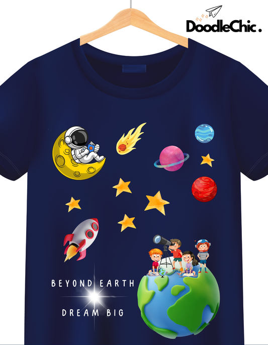 Close-up of Space by DoodleChic-100% Organic Cotton Navy Blue Kids T-shirt with colorful space-themed print and 'Beyond Earth Dream Big' slogan.