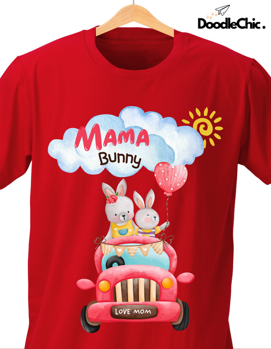 Close-up of Mama Bunny Love by DoodleChic - 100% Organic Cotton Red Kids T-shirt with adorable bunny illustration and eco-friendly print.