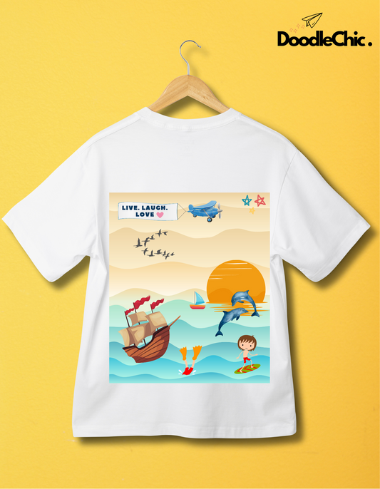 Back view of Live Laugh Love - DoodleChic 100% Organic Cotton White kids T-shirt with colorful ocean adventure illustration and eco-friendly design.