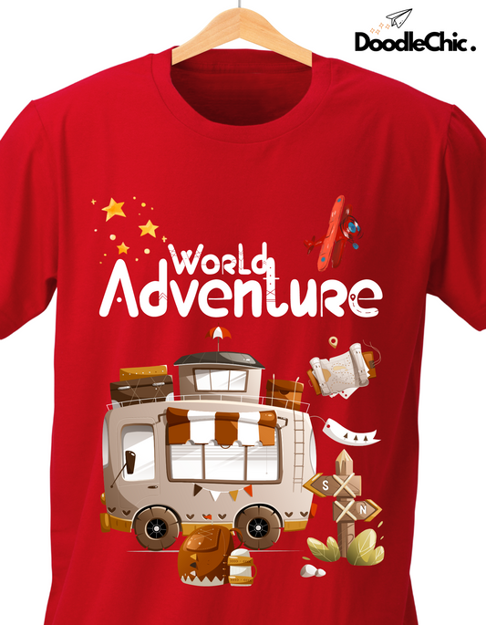 Close-up of World Adventure - Doodlechic 100% Organic Cotton Red Kids T-shirt with detailed caravan and travel icons in vibrant print.