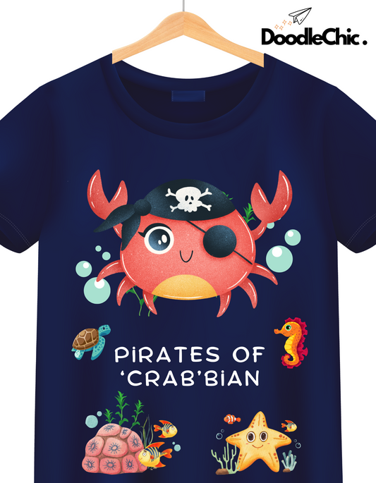 Close-up of Pirates-Doodle chic 100% Organic Cotton Navy Blue Printed Kids T-shirt with pirate crab, turtle, seahorse, and coral reef design. Soft and playful toddler wear.