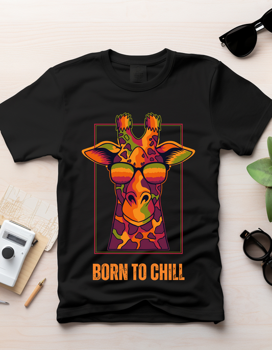 Born to Chill by DoodleChic - 100% Organic Cotton Black Kids T-shirt laid flat on desk with accessories, showcasing vibrant giraffe print.