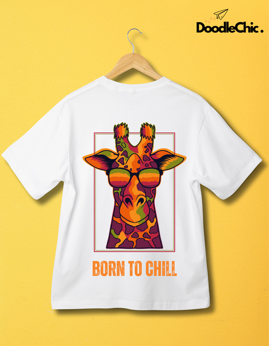 Born to Chill by Doodlechic 100% Organic Cotton White Kids T-shirt with vibrant giraffe print hanging on a wooden hanger against yellow wall.