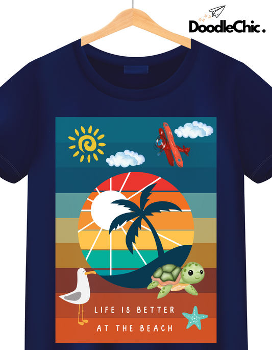 Close-up of Beach by DoodleChic-100% Organic Cotton Navy Blue Printed Kids T-shirt featuring beach scene with turtle, seagull, and palm tree.