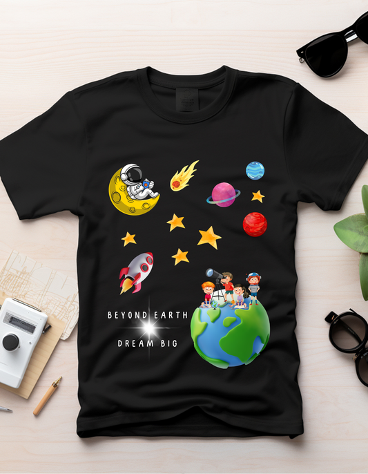 Black organic cotton kids T-shirt from Space by DoodleChic with colorful space-themed print and 'Beyond Earth Dream Big' slogan.