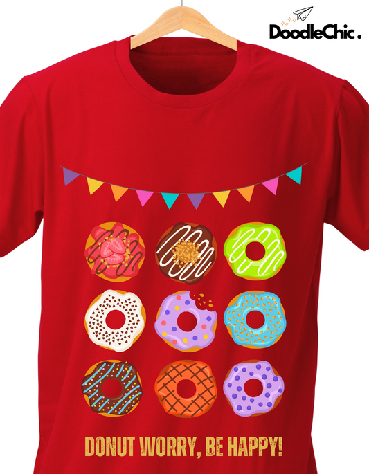 Close-up of Donut Worry Be Happy - Doodlechic 100% Organic Cotton Red Kids T-shirt with vibrant donut prints and cheerful banner design.