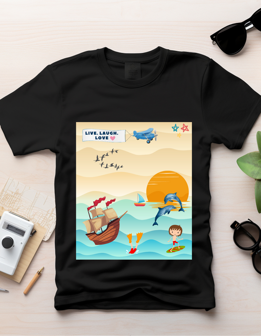 Eco-friendly Live Laugh Love by DoodleChic black kids t-shirt made from 100% organic cotton, designed with fun ocean and adventure-themed artwork.