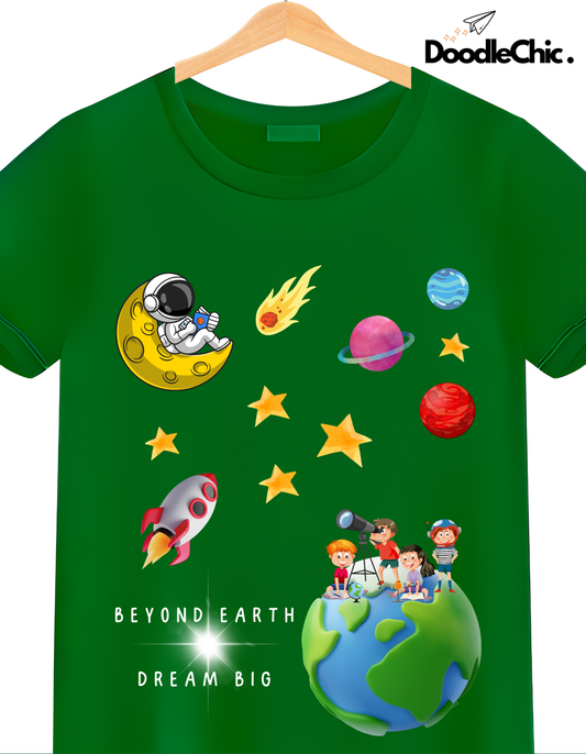 Close-up of Space by DoodleChic - 100% Organic Cotton Green Printed Kids T-shirt with colorful space-themed illustrations and eco-friendly message.