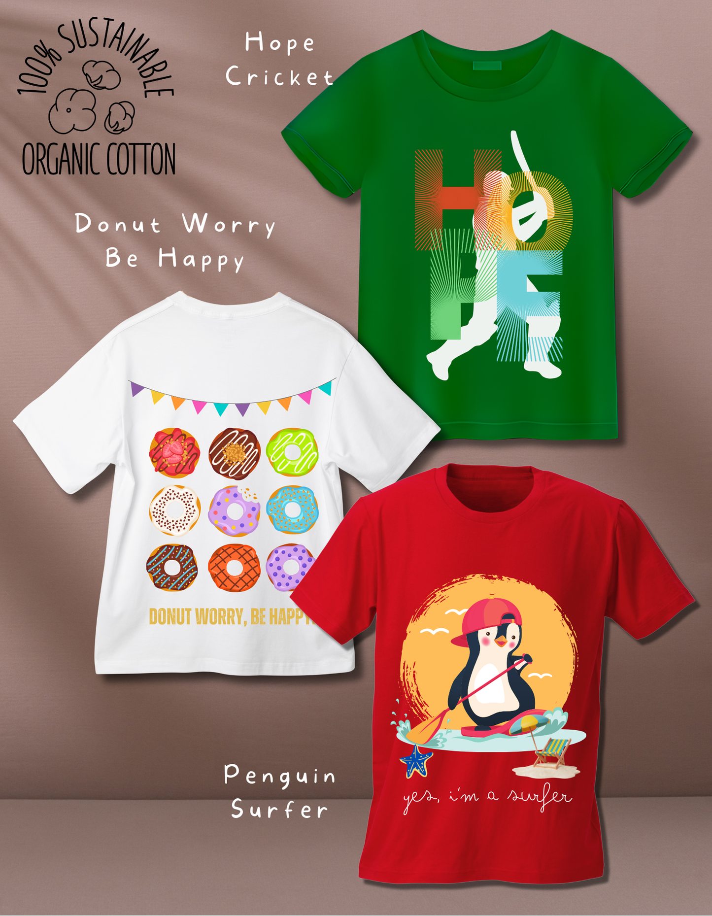 Pack of 3 Cricket, Penguin, Donuts Tshirts