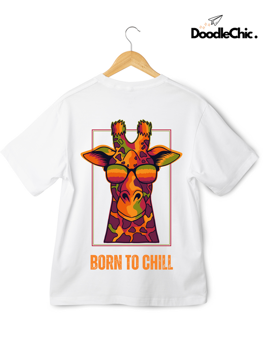 Born to Chill by Doodlechic 100% Organic Cotton White Kids T-shirt displayed on hanger with bold giraffe graphic and logo on white background.