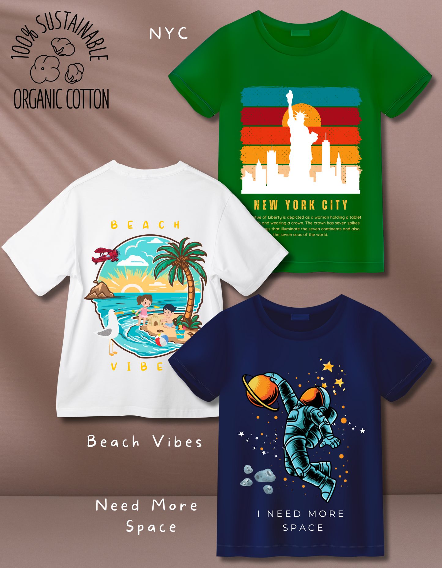 Pack of 3 Space, Beach and New York Tshirts