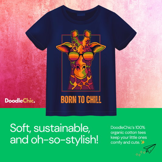 DoodleChic's Born to Chill navy blue kids t-shirt made from 100% organic cotton, showcasing a vibrant giraffe print for sustainable and stylish comfort.