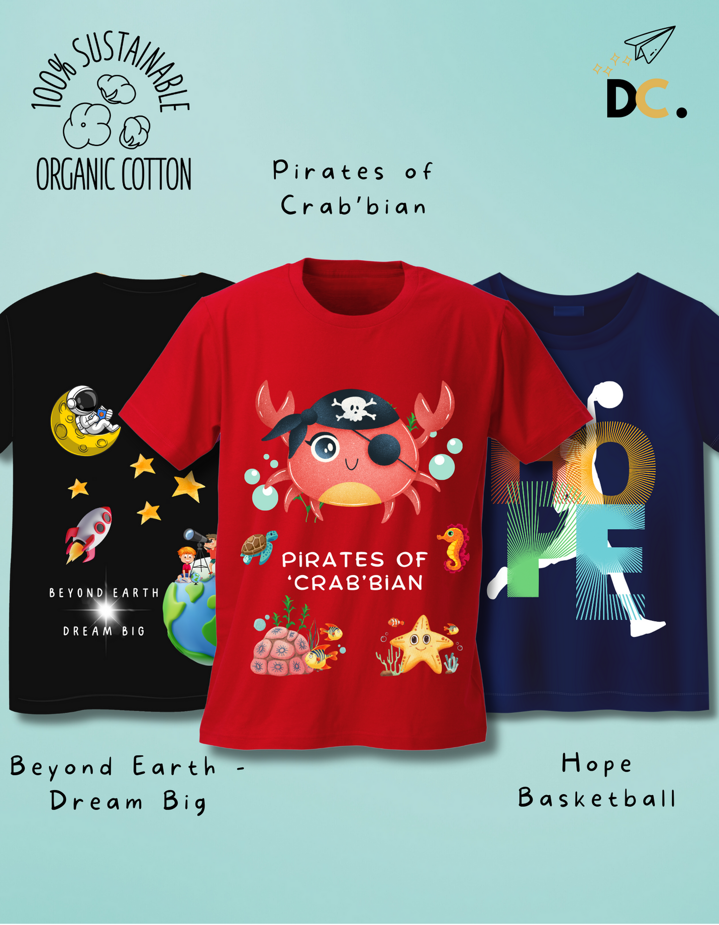 Pack of 3 Space, Basketball and Beach T-shirts