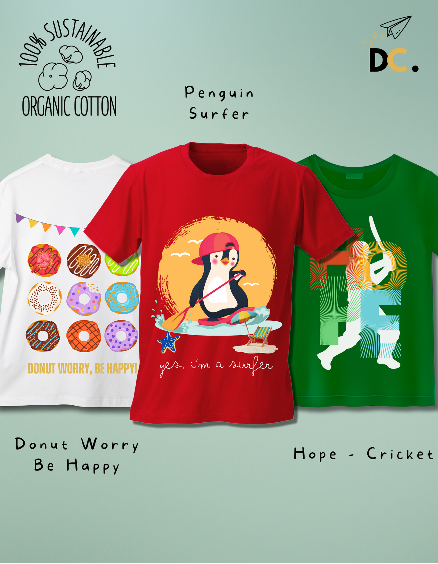 Pack of 3 Cricket, Penguin, Donuts Tshirts