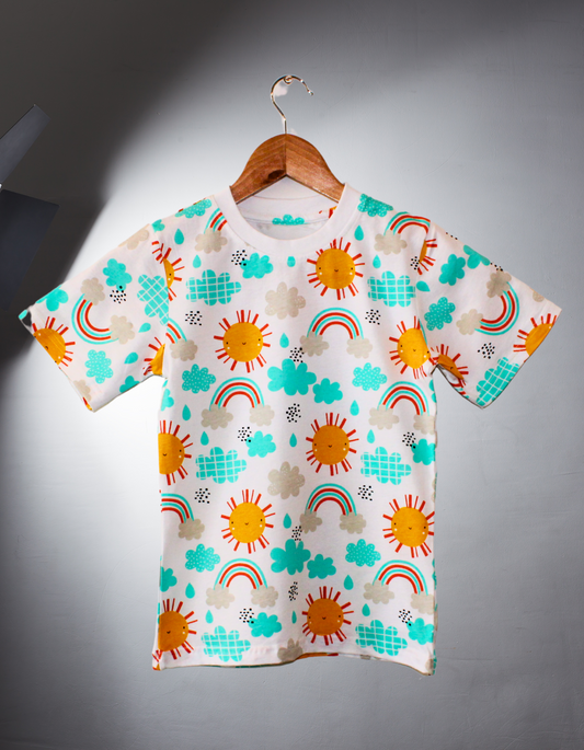Sunshine & Rainbows All Day organic cotton kids T-shirt in full print, featuring cheerful weather motifs for eco-conscious toddler fashion.