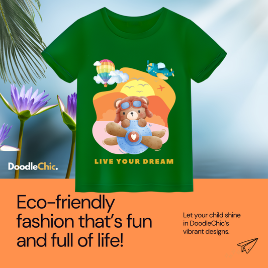 Eco-friendly Live Your Dream by DoodleChic green kids T-shirt made from 100% organic cotton with playful bear and travel-themed print.