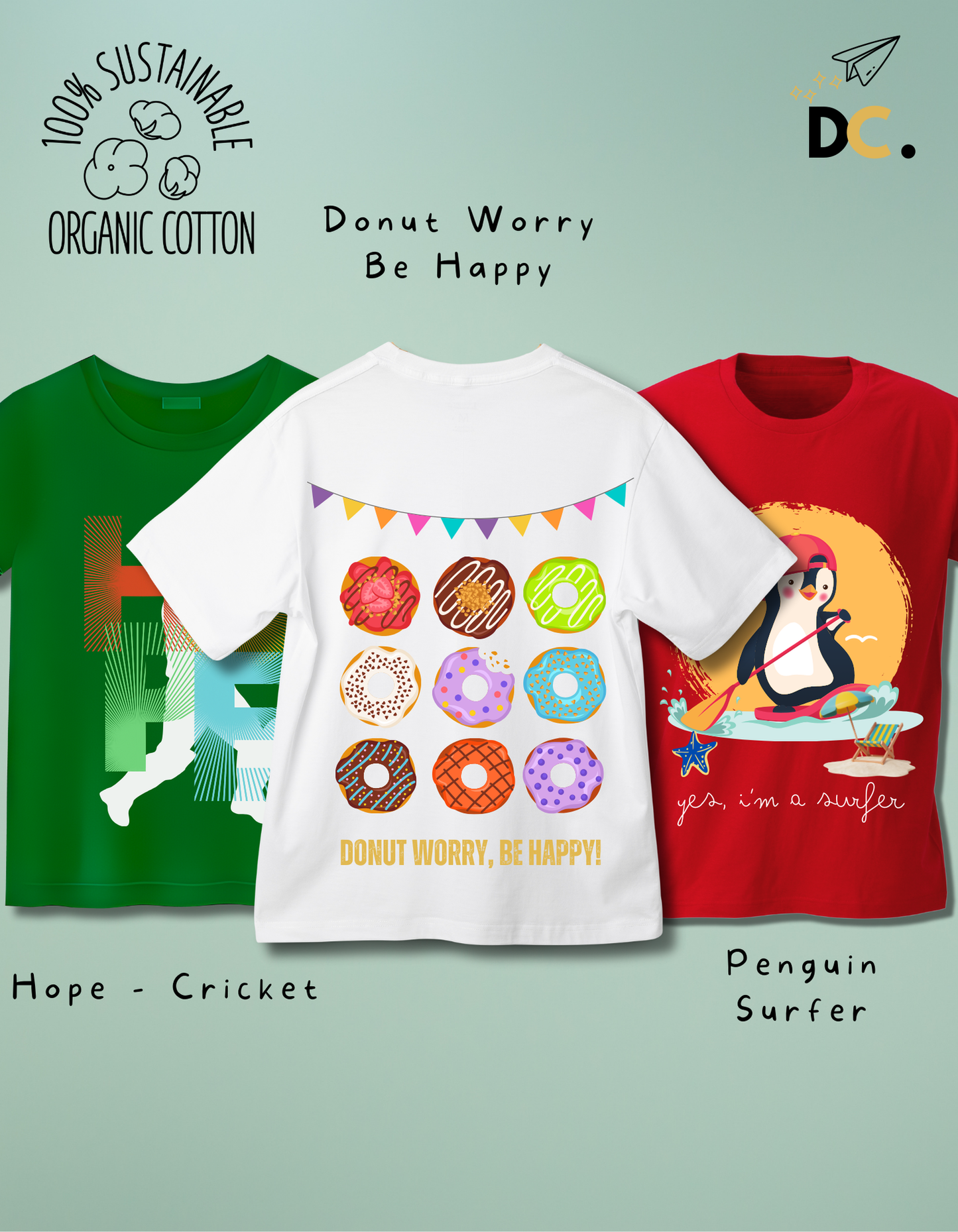 Pack of 3 Cricket, Penguin, Donuts Tshirts