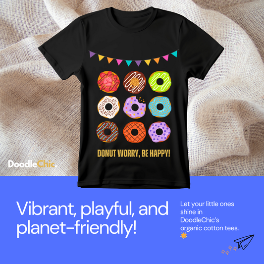Donut Worry Be Happy-DoodleChic 100% Organic Cotton Black kids T-shirt displayed on textured fabric with playful donut print and eco-friendly message.