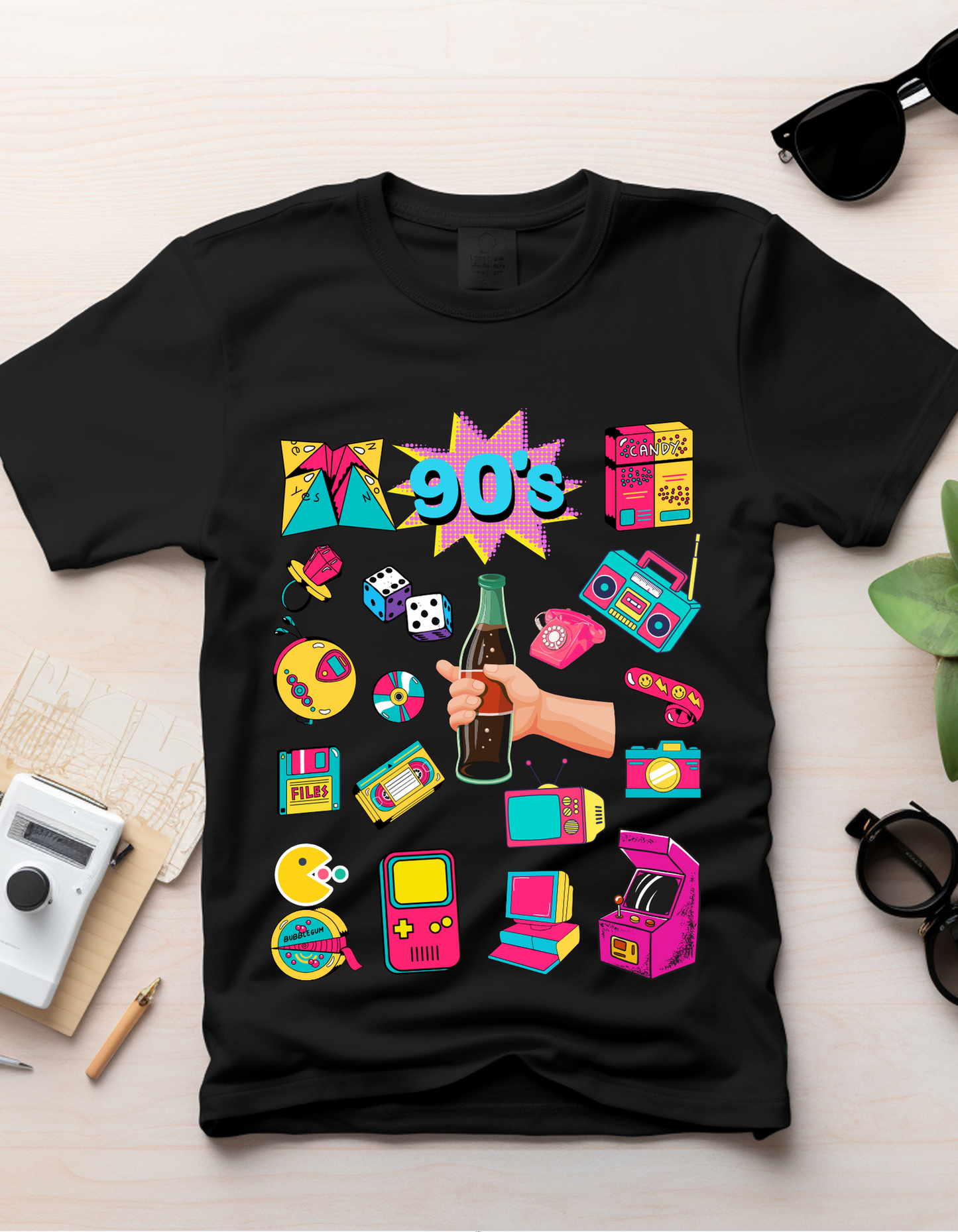 90's Theme Kids Organic Cotton T-shirt Black from DoodleChic