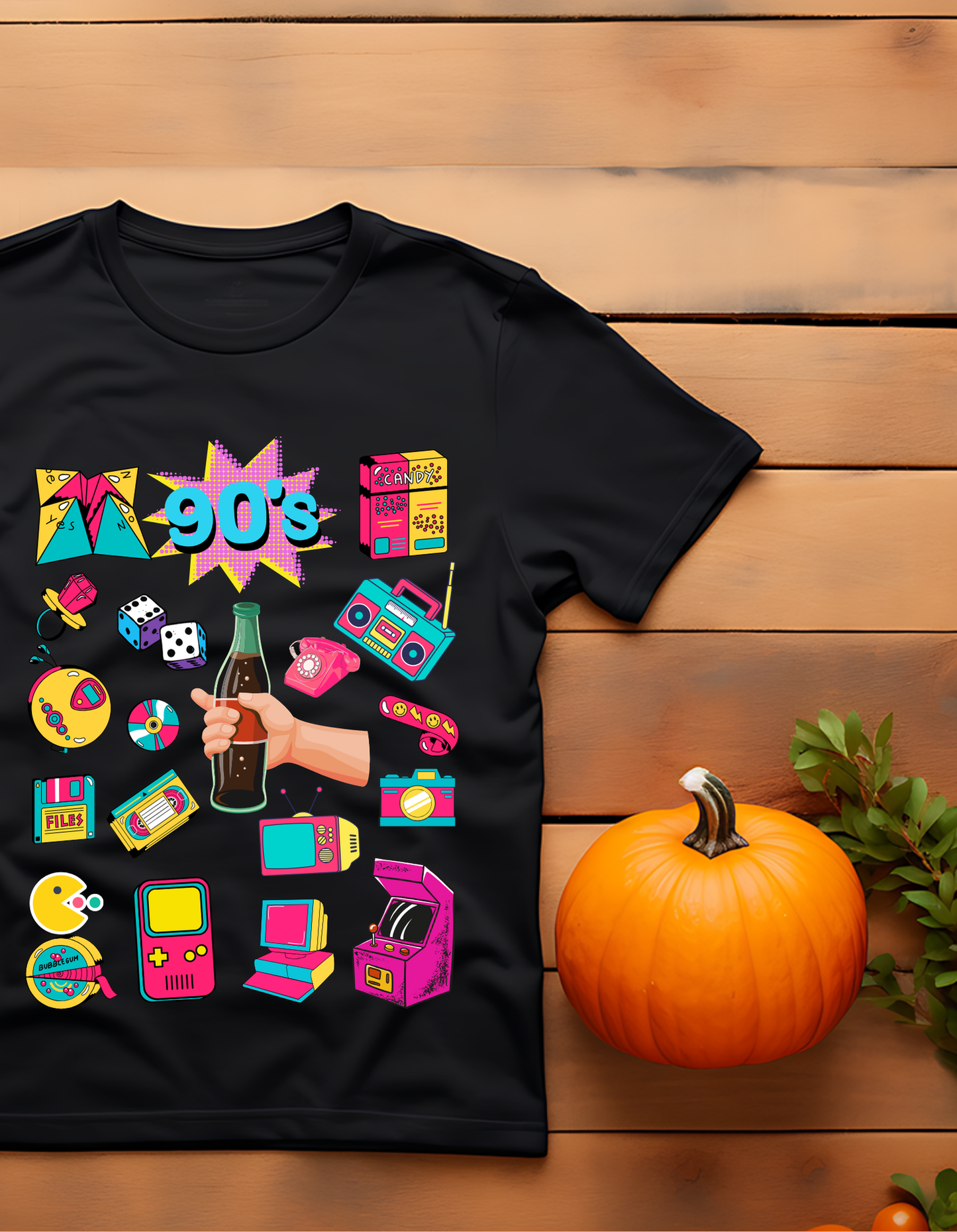 90's Theme Kids Organic Cotton T-shirt Black from DoodleChic