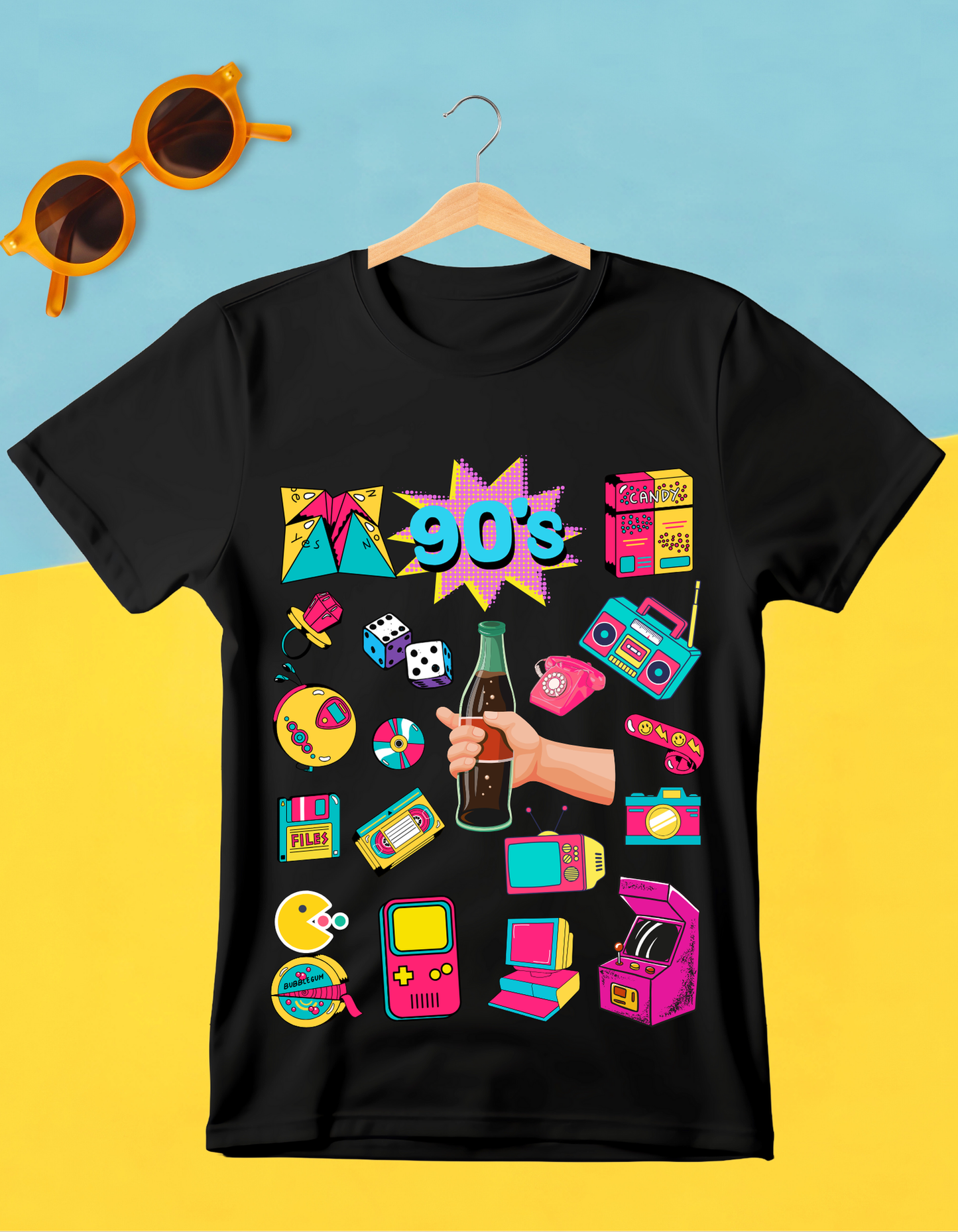 90's Theme Kids Organic Cotton T-shirt Black from DoodleChic