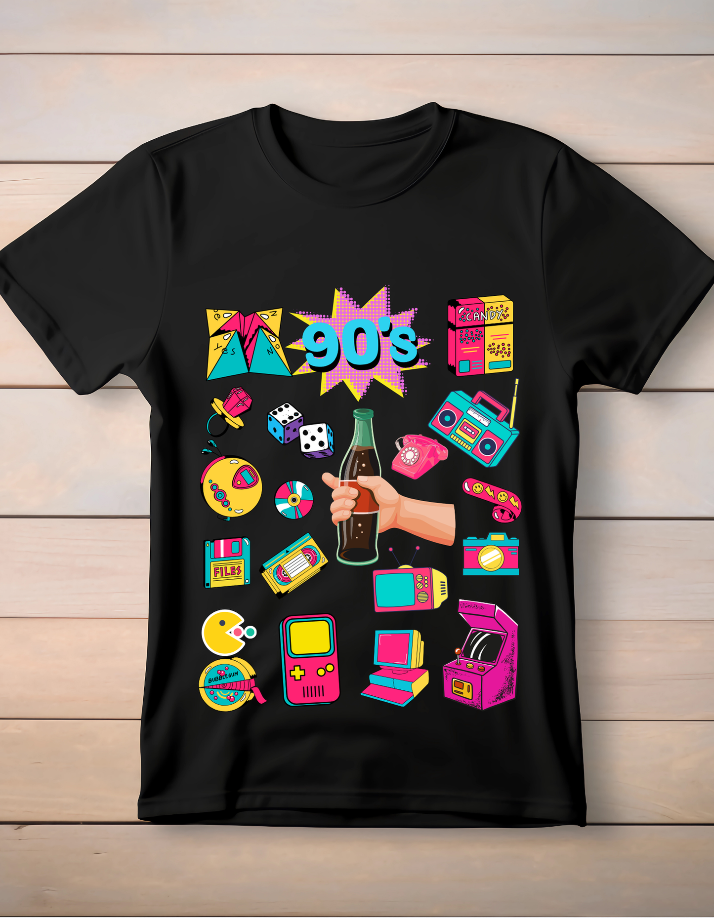 90's Theme Kids Organic Cotton T-shirt Black from DoodleChic